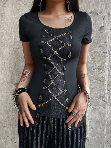 Gothic Chain Lace Up Hook and Eye Cracked Textured Patchwork Asymmetric T-shirt(3 Days Delivery)