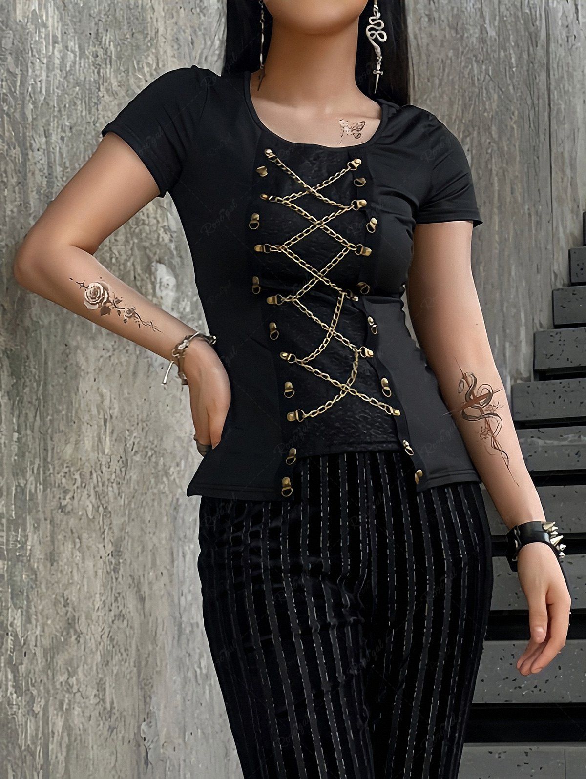 Gothic Chain Lace Up Hook and Eye Cracked Textured Patchwork Asymmetric T-shirt