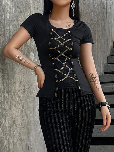 Gothic Chain Lace Up Hook and Eye Cracked Textured Patchwork Asymmetric T-shirt(3 Days Delivery)