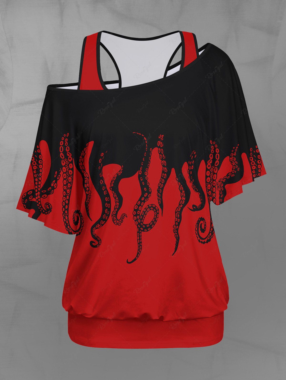 Gothic Basic Solid Racerback Tank Top and Octopus Print Skew Neck Batwing Sleeves T-shirt Set