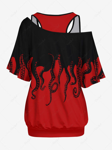 Gothic Plus Size Basic Solid Racerback Tank Top and Octopus Print Skew Neck Batwing Sleeves T-shirt Set