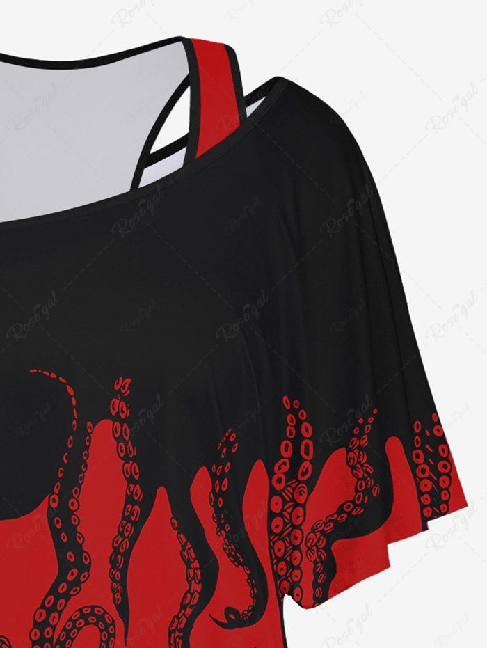 Gothic Basic Solid Racerback Tank Top and Octopus Print Skew Neck Batwing Sleeves T-shirt Set
