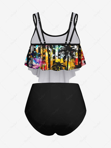 Gothic Plus Size Skull Coconut Tree Pentagram Striped Watercolor Tie Dye Print Peplum Hem Bikini Set(Adjustable Shoulder Strap)