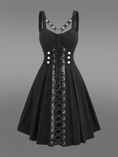 Gothic O-Ring PU Strappy Grommet Lace Up Mock Buttons Ruched Solid Backless A Line Tank Dress