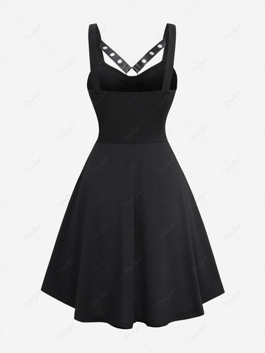 Gothic O-Ring PU Strappy Grommet Lace Up Mock Buttons Ruched Solid Backless A Line Tank Dress