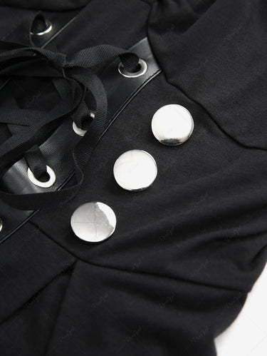 Gothic O-Ring PU Strappy Grommet Lace Up Mock Buttons Ruched Solid Backless A Line Tank Dress