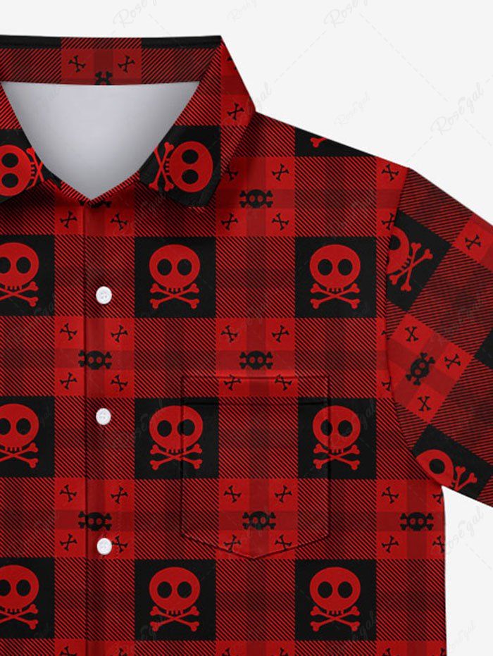 Gothic Skulls Skeleton Plaid Print Button Down Shirt For Men
