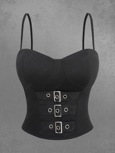 Gothic Strappy Buckle Grommet Solid Backless Cami Top(Adjustable Shoulder Strap)