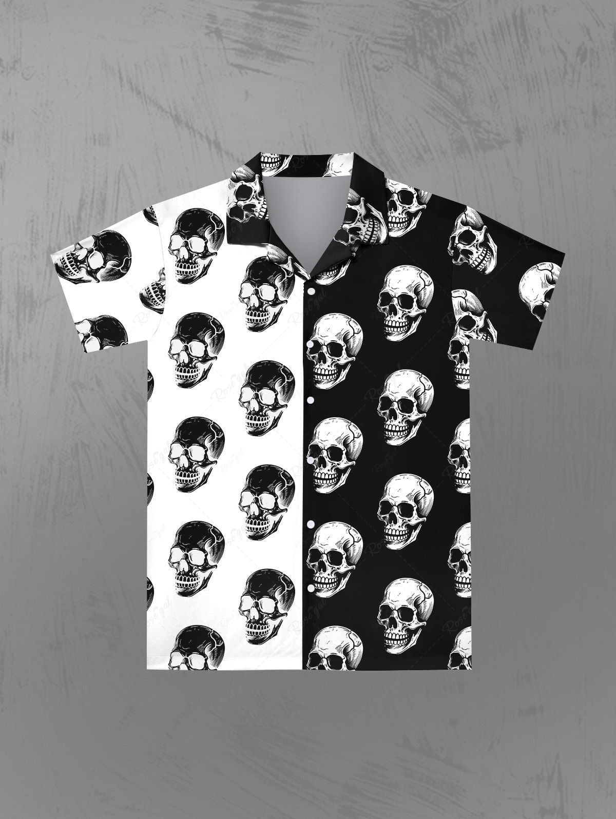 Gothic Skulls Two Tone Colorblock Print Button Down Shirt For Men
