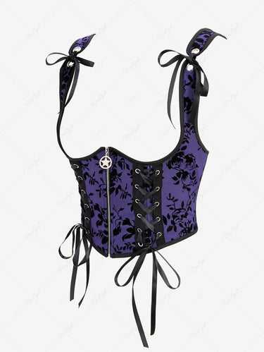 Gothic Plus Size Floral Mesh Flocking Lace Up Pentagram Zipper Underbust Halloween Corset