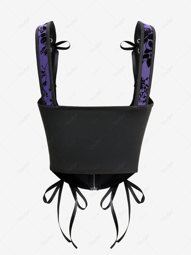 Gothic Plus Size Floral Mesh Flocking Lace Up Pentagram Zipper Underbust Halloween Corset