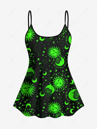 Gothic Plus Size Neon Color Sun Moon Stars Face Print Backless Boyleg Tankini Swimsuit (Adjustable Shoulder Strap)
