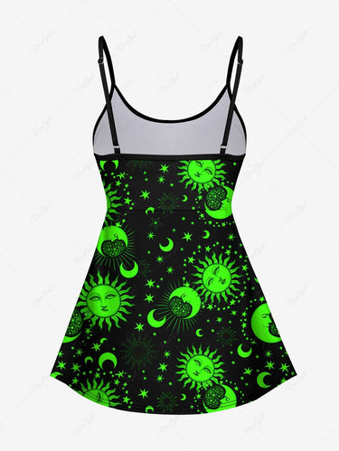 Gothic Plus Size Neon Color Sun Moon Stars Face Print Backless Boyleg Tankini Swimsuit (Adjustable Shoulder Strap)