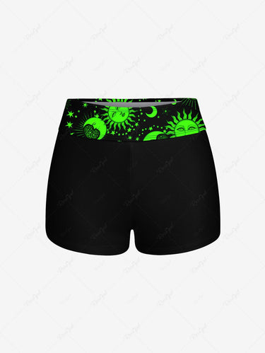 Gothic Plus Size Neon Color Sun Moon Stars Face Print Backless Boyleg Tankini Swimsuit (Adjustable Shoulder Strap)