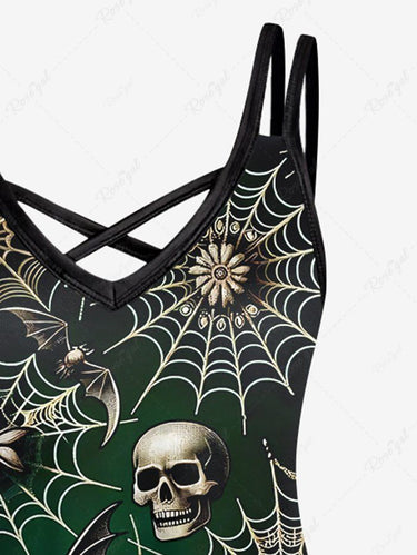 Gothic Plus Size Skulls Bat Spider Web Print Crisscross Ombre A Line Cami Dress