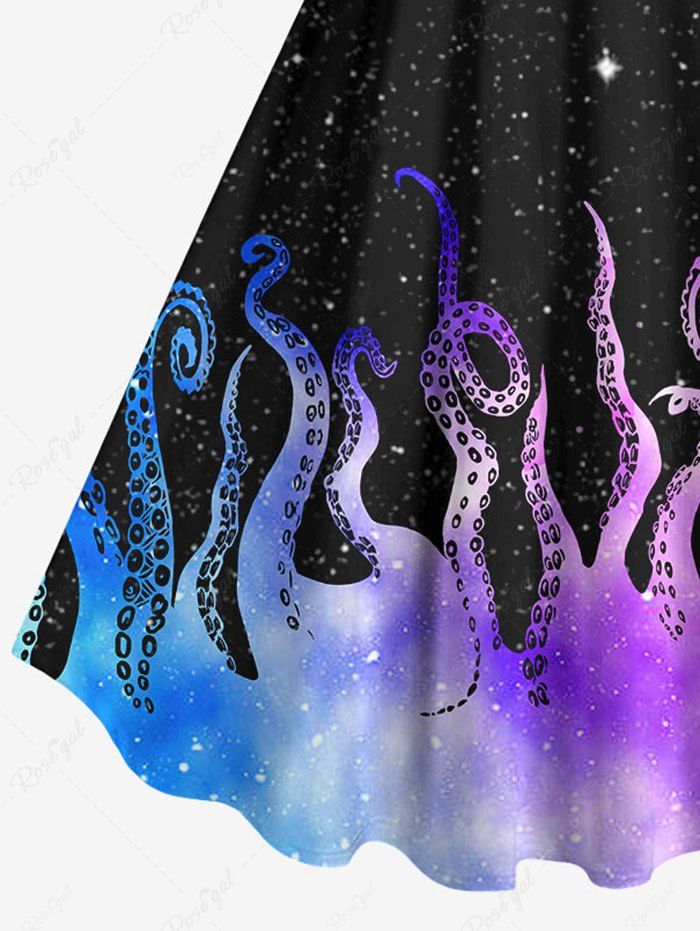 Gothic Colorful Ombre Octopus Glitter Galaxy Print A Line Backless Tank Dress