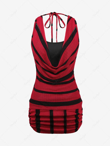 Gothic Basic Solid Cami-top and Cowl Neck Ruched Striped Lace Up V Cut Back Sleeveless Top 2 Pieces Set