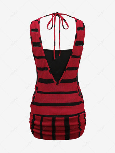 Gothic Basic Solid Cami-top and Cowl Neck Ruched Striped Lace Up V Cut Back Sleeveless Top 2 Pieces Set