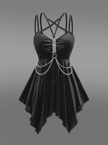 Gothic PU Strap Grommet Layered Chain Crisscross Strappy Asymmetric Handkerchief Velvet Backless Cami Top