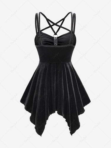 Gothic PU Strap Grommet Layered Chain Crisscross Strappy Asymmetric Handkerchief Velvet Backless Cami Top
