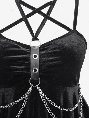 Gothic PU Strap Grommet Layered Chain Crisscross Strappy Asymmetric Handkerchief Velvet Backless Cami Top