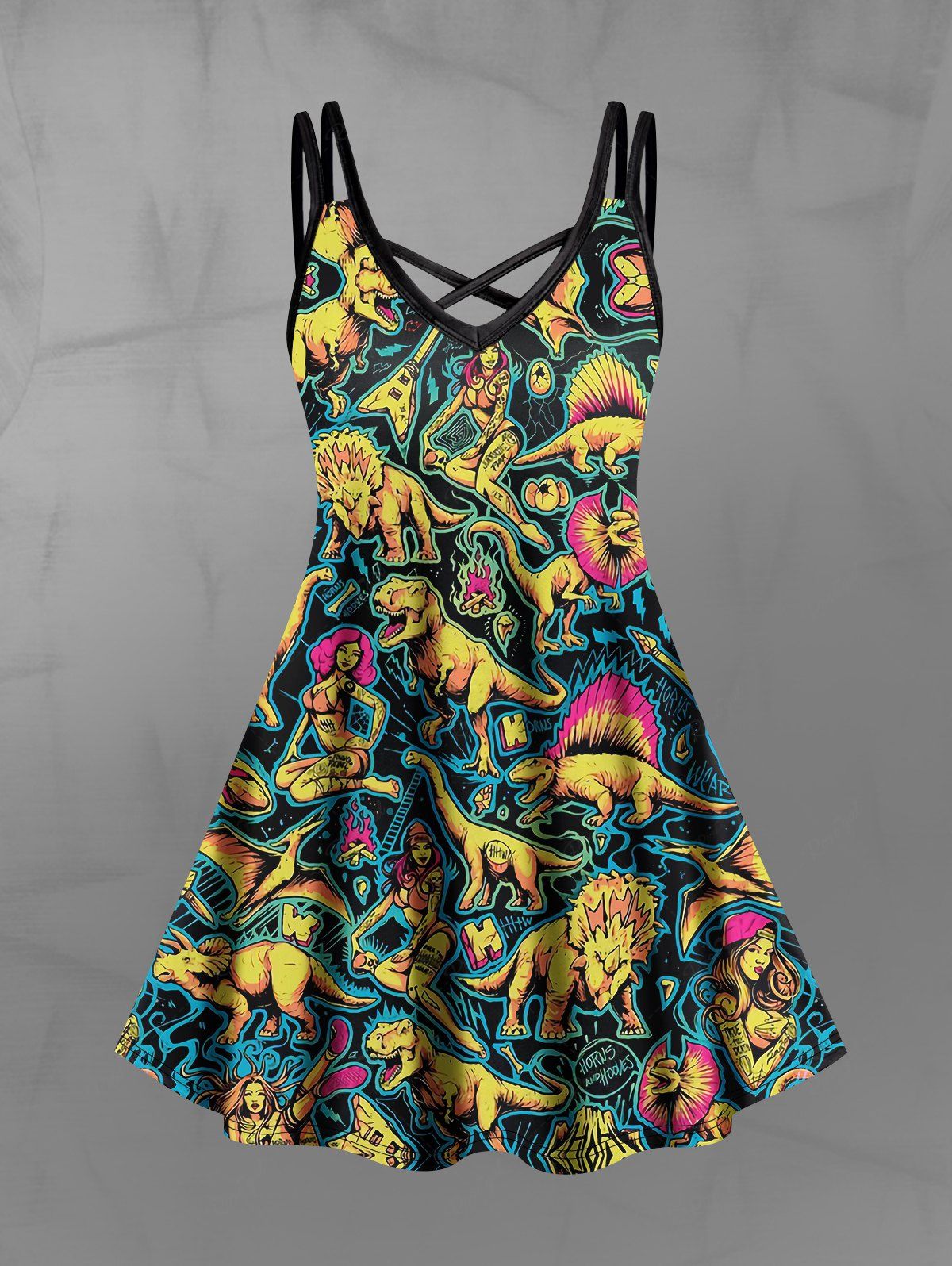 Gothic Dinosaur Girls Fire Flame Print Crisscross Cami Dress