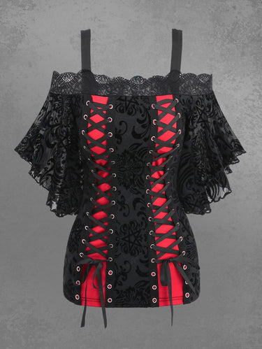 Gothic Butterfly Sleeves Floral Pentagram Mesh Flocking Lace-up Lace Panel Top