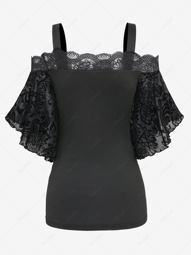 Gothic Butterfly Sleeves Floral Pentagram Mesh Flocking Lace-up Lace Panel Top