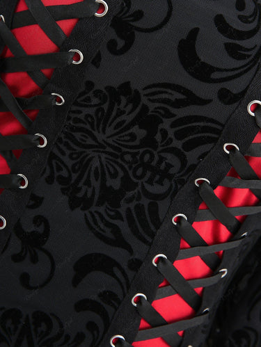 Gothic Butterfly Sleeves Floral Pentagram Mesh Flocking Lace-up Lace Panel Top