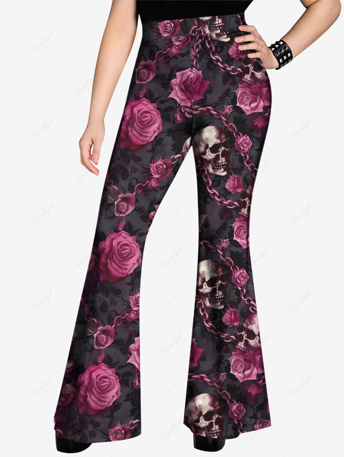 Gothic Distressed Skulls Rose Flower Chain Print Pull On Flare Pants