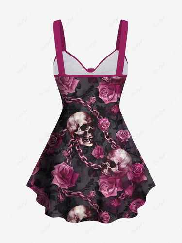 Gothic Plus Size Distressed Skulls Chain Rose Flower Print Cinched Backless Tank Top