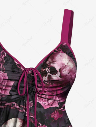 Gothic Plus Size Distressed Skulls Chain Rose Flower Print Cinched Backless Tank Top