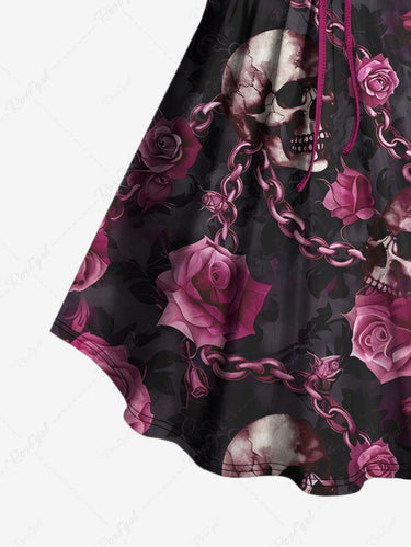 Gothic Plus Size Distressed Skulls Chain Rose Flower Print Cinched Backless Tank Top