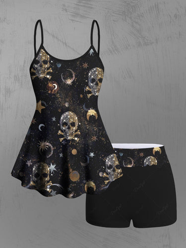 Gothic Plus Size Glitter Sequins Skulls Sun Moon Star Galaxy Print Boyleg Backless Tankini Swimsuit (Adjustable Shoulder Strap)