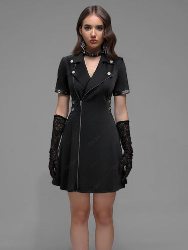 Gothic Lapel Collar Full Zipper PU Strap Grommet Buckle Solid A Line Dress