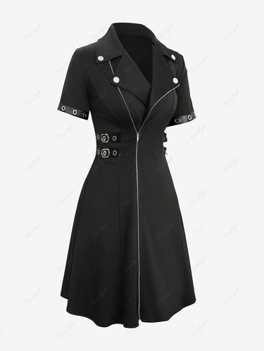 Gothic Lapel Collar Full Zipper PU Strap Grommet Buckle Solid A Line Dress