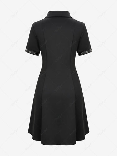Gothic Lapel Collar Full Zipper PU Strap Grommet Buckle Solid A Line Dress