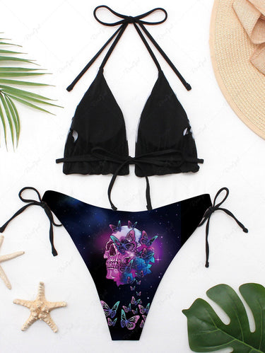 Gothic Plus Size Skull Butterfly Ombre Galaxy Print Tied Halter Bikini Set