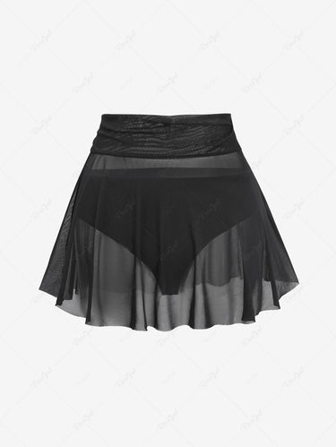Gothic Plus Size Solid Bikini Bottom and Mesh Sheer Skirt Two Pieces Set