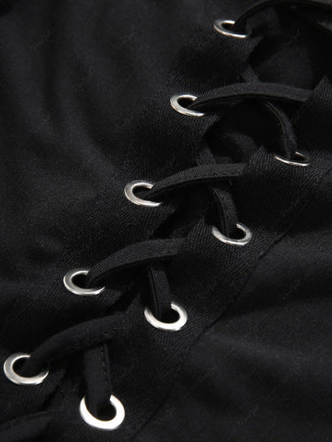 Gothic Lace Up Braided Sleeves Solid Grommet T-shirt