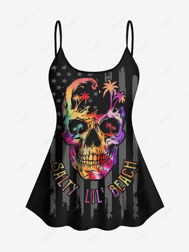 Gothic Plus Size Colorful Skull Coconut Tree Patriotic American Flag Print Boyleg Tankini Swimsuit (Adjustable Shoulder Strap)