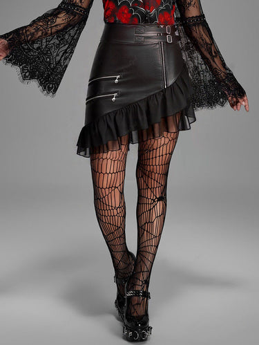 Gothic PU Panel Skull Zipper Buckle Flounce Hem Asymmetric Patchwork Skirt(3 Days Delivery)