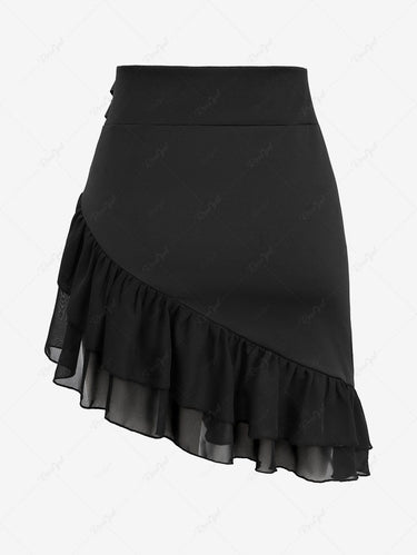 Gothic PU Panel Skull Zipper Buckle Flounce Hem Asymmetric Patchwork Skirt(3 Days Delivery)