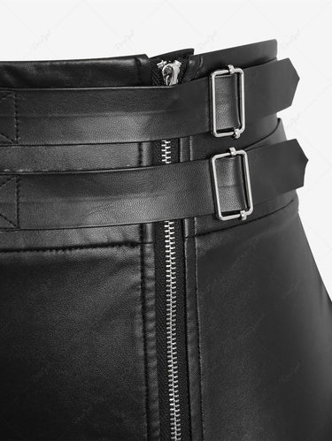 Gothic PU Panel Skull Zipper Buckle Flounce Hem Asymmetric Patchwork Skirt(3 Days Delivery)