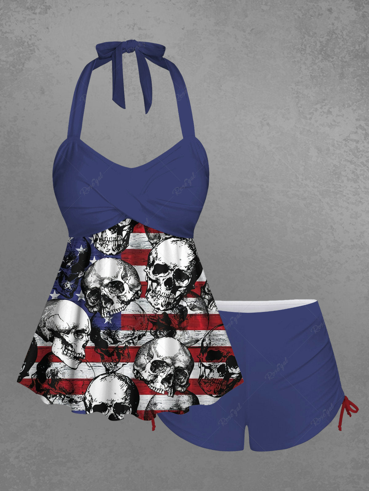 Gothic Skull Patriotic American Flag Twist Halter Backless Boyleg Cinched Tankini Swimsuit