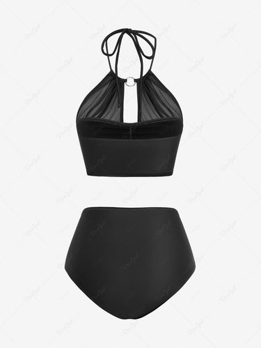 Gothic Plus Size Halter Ruched Skull Flower Print Mesh Asymmetrical Skirt 3 Piece Tankini Swimsuit