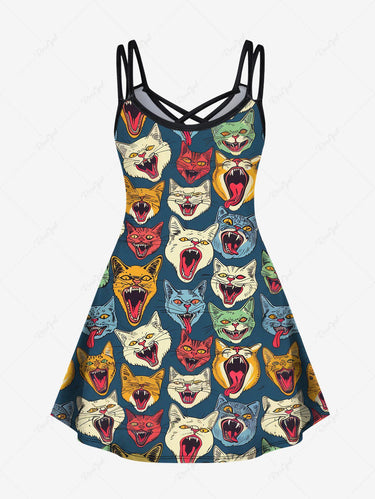 Gothic Plus Size Colorful Cats Print Crisscross A Line Cami Dress