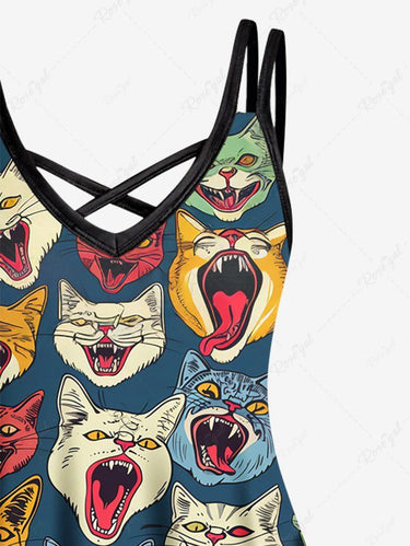 Gothic Plus Size Colorful Cats Print Crisscross A Line Cami Dress