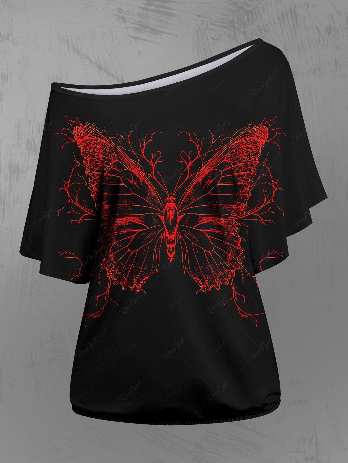 Gothic Skew Neck Batwing Sleeves Butterfly Print T-shirt