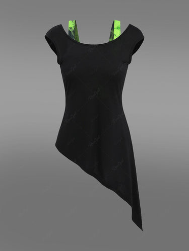 Gothic Crochet Skeleton Back Tie Dye Asymmetric 2 in 1 Top